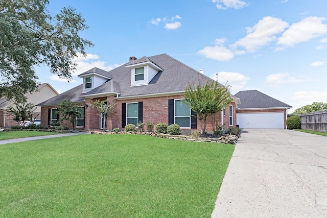 view of front of property with a front yard and a garage