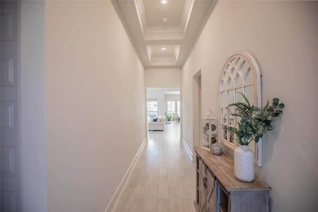 hall with a towering ceiling, light hardwood / wood-style flooring, and a raised ceiling