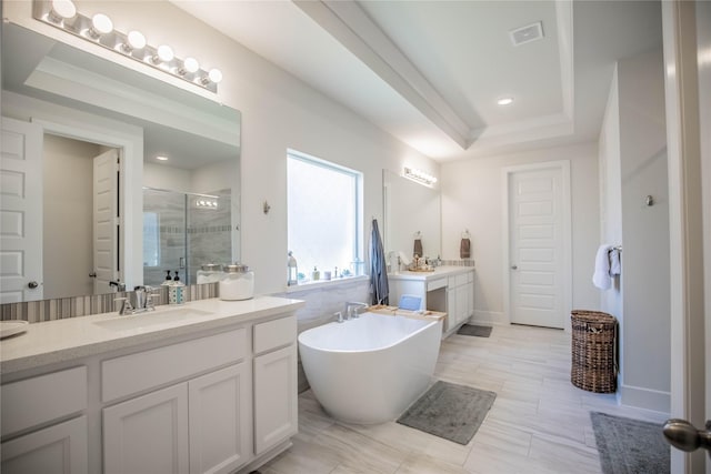 bathroom featuring vanity, a raised ceiling, and separate shower and tub