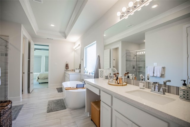 bathroom with a raised ceiling, vanity, independent shower and bath, and ornamental molding