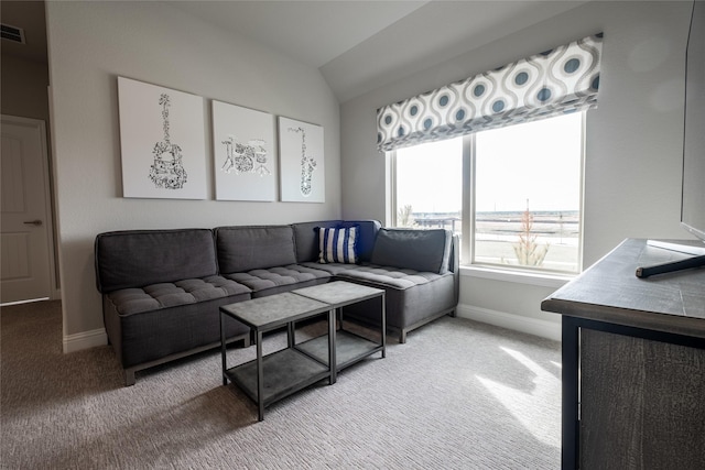 carpeted living room with vaulted ceiling