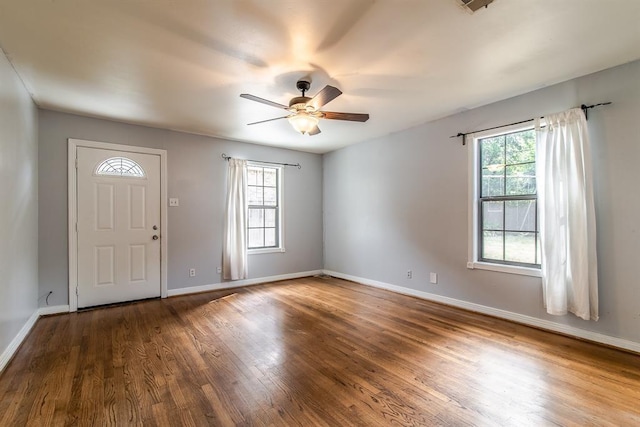 foyer entrance featuring hardwood / wood-style floors and ceiling fan