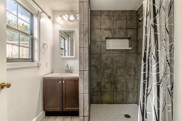 bathroom featuring vanity, a textured ceiling, and a shower with shower curtain