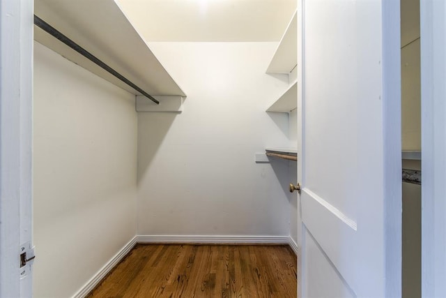 walk in closet with dark wood-type flooring