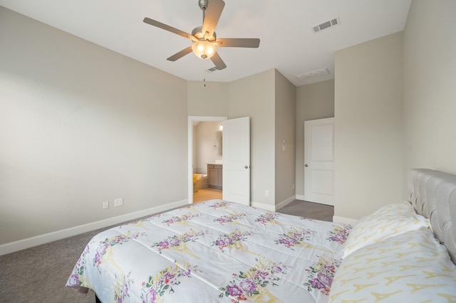 bedroom with carpet, ensuite bath, and ceiling fan