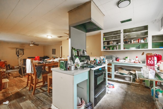 kitchen with black / electric stove and ceiling fan