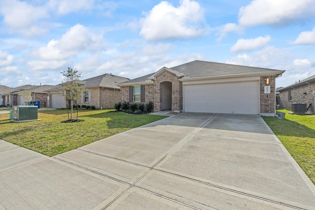 single story home featuring driveway, central AC, an attached garage, a front yard, and brick siding