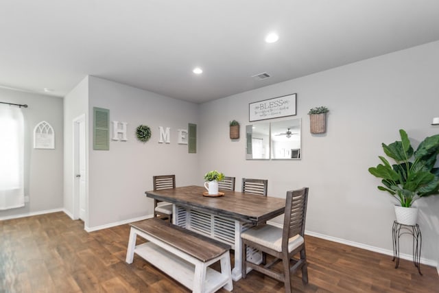 dining area with recessed lighting, visible vents, baseboards, and wood finished floors