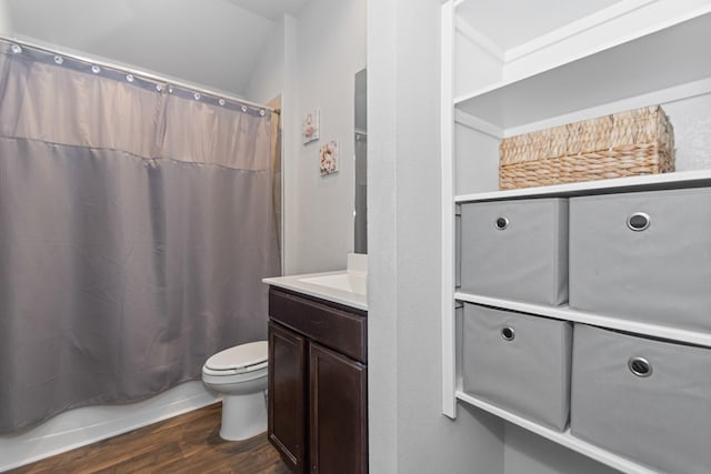 bathroom with vanity, toilet, a shower with shower curtain, and wood finished floors