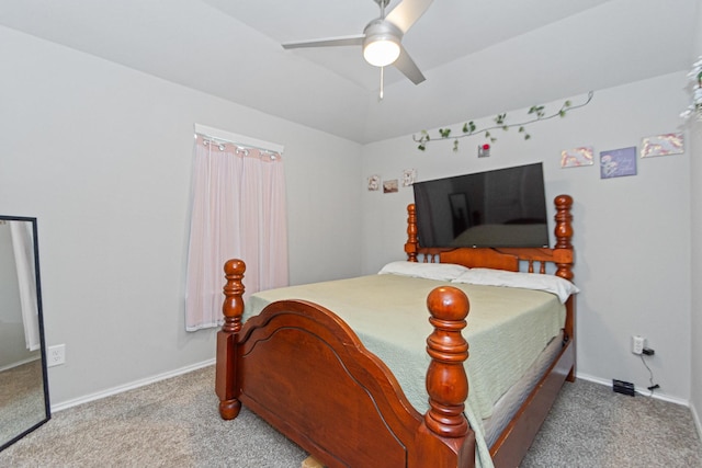 bedroom with baseboards, ceiling fan, and carpet flooring