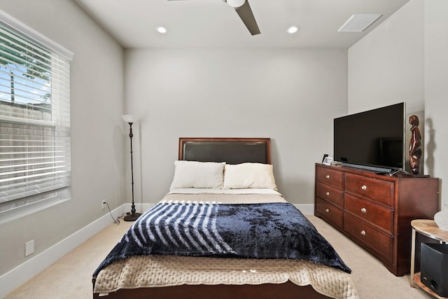 carpeted bedroom with ceiling fan