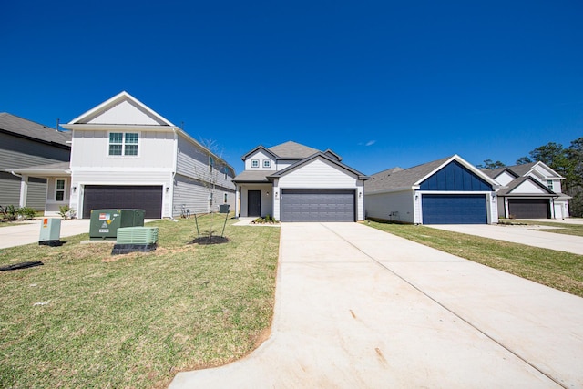 view of front of property with a front lawn, concrete driveway, a garage, central air condition unit, and board and batten siding