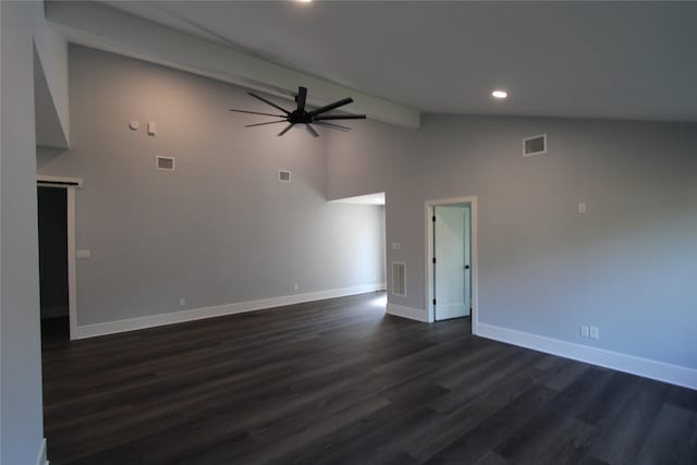 empty room featuring high vaulted ceiling, ceiling fan, and dark wood-type flooring