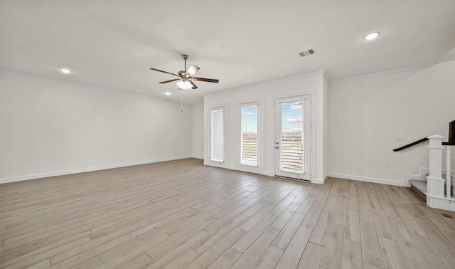 unfurnished living room with ceiling fan, light hardwood / wood-style flooring, and ornamental molding