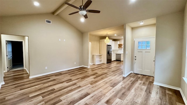 unfurnished living room with ceiling fan, light hardwood / wood-style floors, high vaulted ceiling, and beamed ceiling