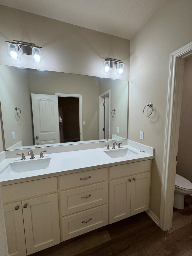 bathroom featuring toilet, vanity, and wood-type flooring