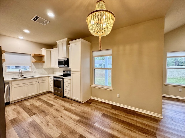 kitchen featuring decorative light fixtures, sink, white cabinetry, and appliances with stainless steel finishes