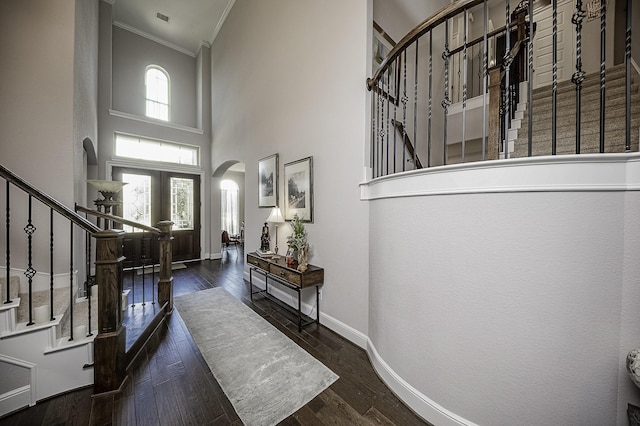 entrance foyer with dark hardwood / wood-style flooring, a towering ceiling, and crown molding