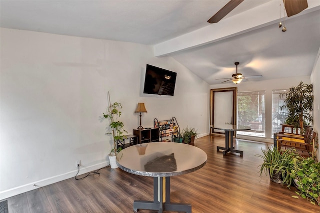 interior space featuring wood-type flooring, lofted ceiling with beams, and ceiling fan