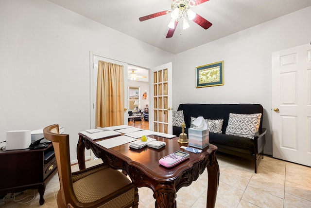 office with light tile patterned floors, ceiling fan, and french doors