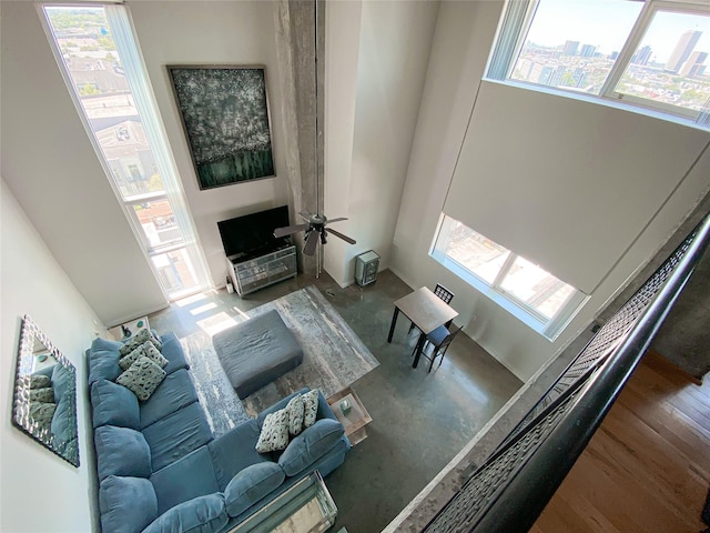 living room featuring ceiling fan