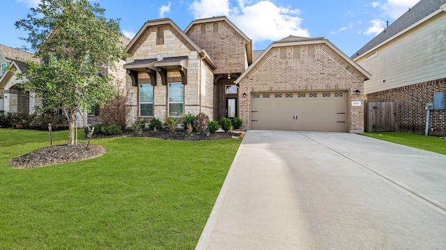 view of front of property with a garage and a front lawn