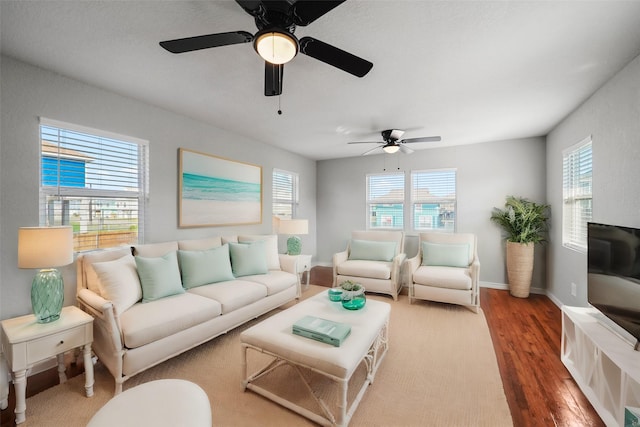 living room with hardwood / wood-style flooring and ceiling fan