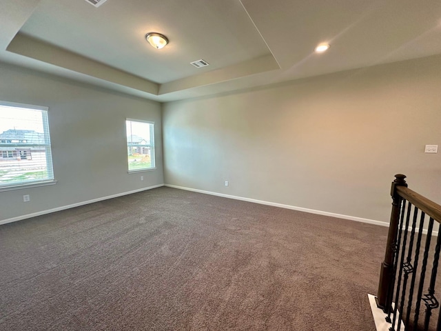 carpeted spare room featuring a raised ceiling