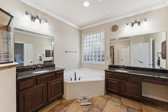 bathroom featuring shower with separate bathtub, vanity, and crown molding