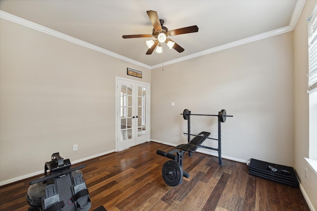 exercise area featuring ceiling fan, french doors, dark wood-type flooring, and ornamental molding