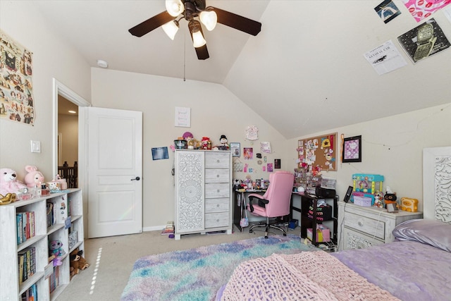 carpeted bedroom with ceiling fan and lofted ceiling