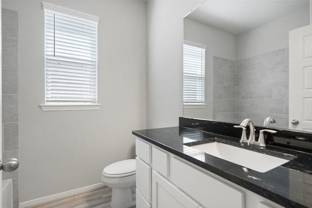 bathroom with vanity, toilet, and wood-type flooring