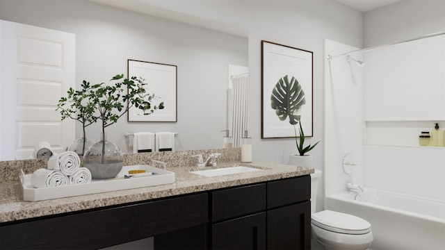 full bathroom featuring shower / washtub combination, vanity, and toilet