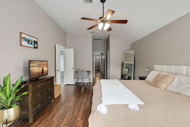 bedroom featuring ceiling fan, lofted ceiling, and dark wood-type flooring