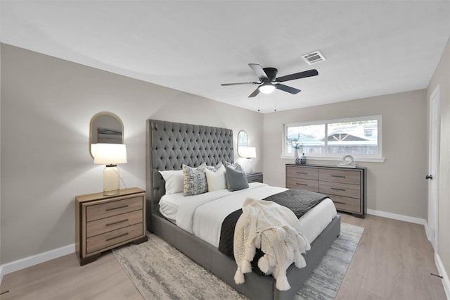 bedroom with ceiling fan and light hardwood / wood-style floors