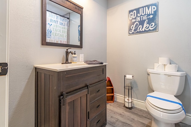 bathroom with hardwood / wood-style flooring, vanity, and toilet