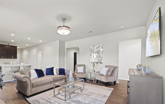 living room featuring dark wood-type flooring