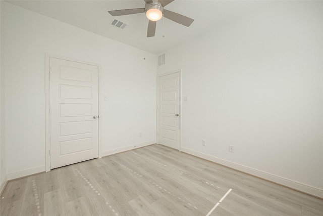 empty room featuring ceiling fan and light hardwood / wood-style flooring