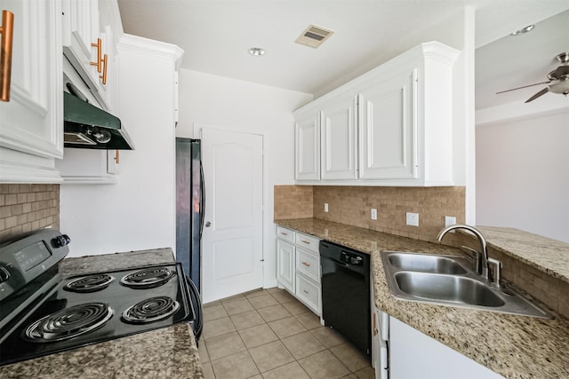 kitchen with black appliances, white cabinetry, sink, and light tile patterned floors