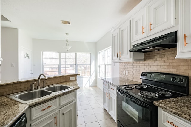 kitchen featuring sink, black appliances, light tile patterned floors, white cabinets, and hanging light fixtures