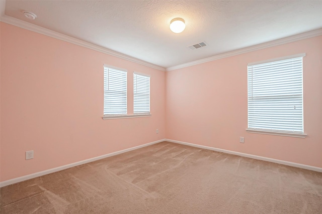 carpeted spare room featuring ornamental molding