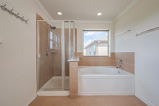 bathroom with tile patterned flooring, independent shower and bath, and crown molding