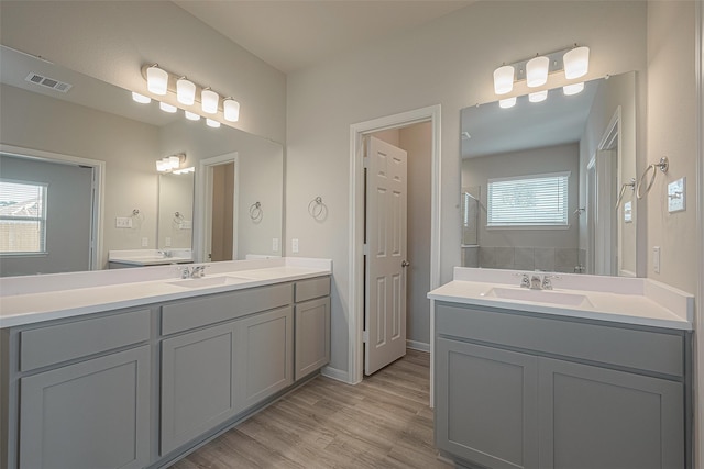 bathroom with hardwood / wood-style floors, plenty of natural light, and vanity