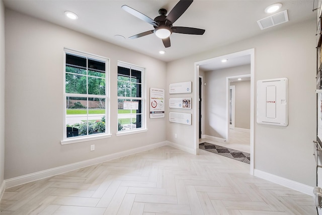 unfurnished room featuring ceiling fan, recessed lighting, visible vents, and baseboards