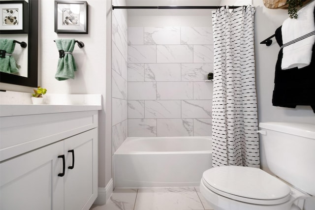 bathroom featuring marble finish floor, shower / tub combo, vanity, and toilet