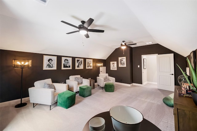 carpeted living room with visible vents, baseboards, vaulted ceiling, and a ceiling fan