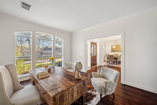 office area featuring dark wood-type flooring and ornamental molding