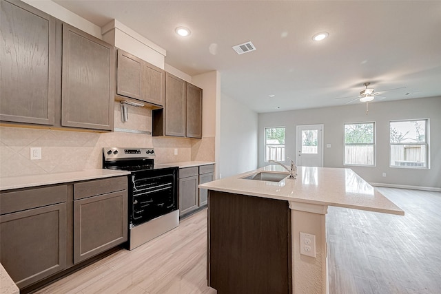 kitchen featuring an island with sink, light hardwood / wood-style floors, tasteful backsplash, stainless steel electric range, and sink