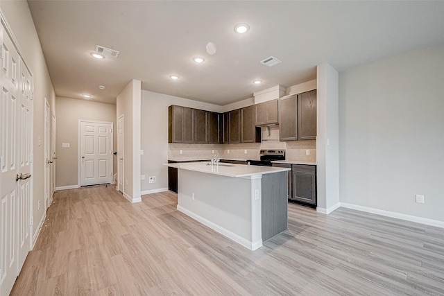 kitchen with a kitchen island with sink, electric stove, light hardwood / wood-style floors, sink, and backsplash