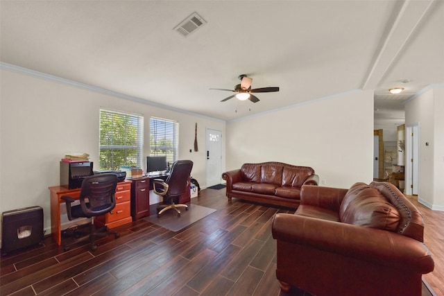 home office with ceiling fan and ornamental molding